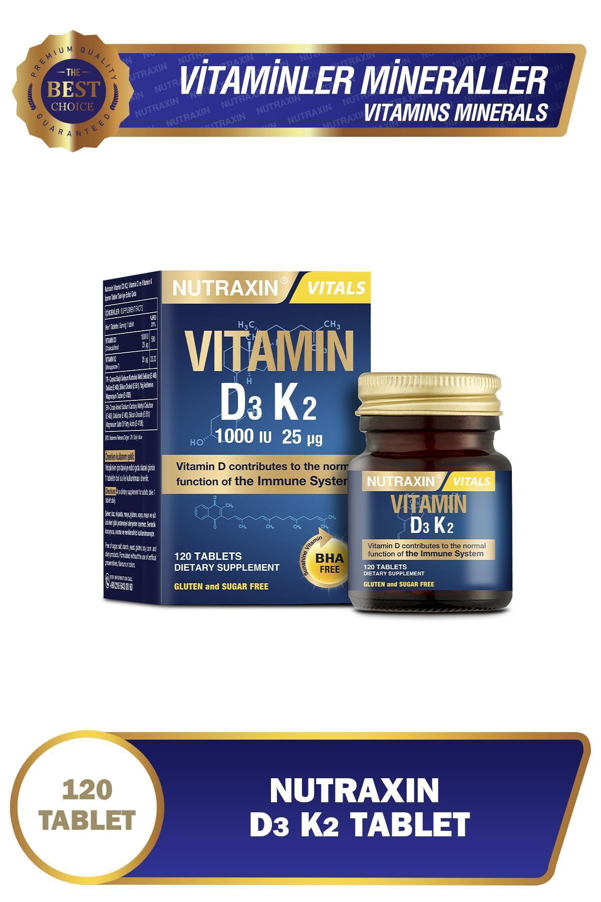 D3K2 120 Tablet - 1000 IU D3 vitamini, 25 mcg K2 vitamini